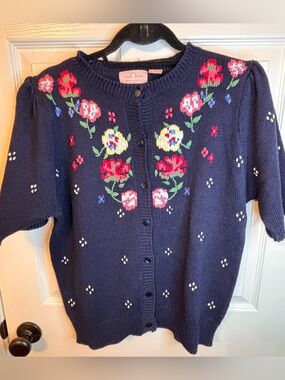 Vintage Classic Directions Ramie Cotton Floral Embroidered Cardigan L